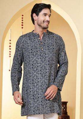 Blue Printed Viscose Kurta For Men
