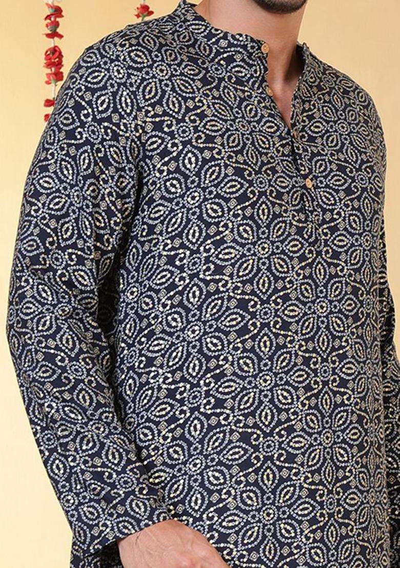 Blue Printed Viscose Kurta For Men - Indya