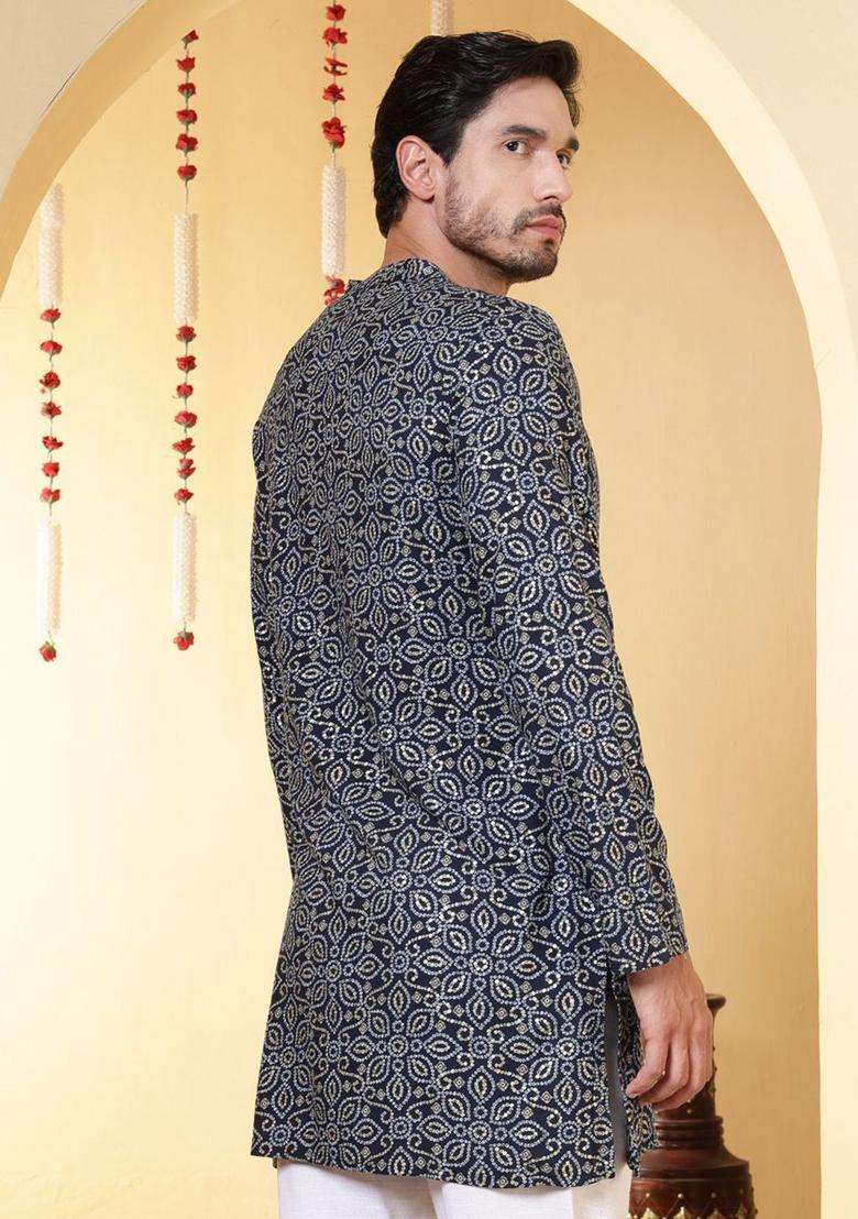 Blue Printed Viscose Kurta For Men - Indya