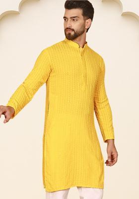 Yellow Embroidered Viscose Kurta For Men
