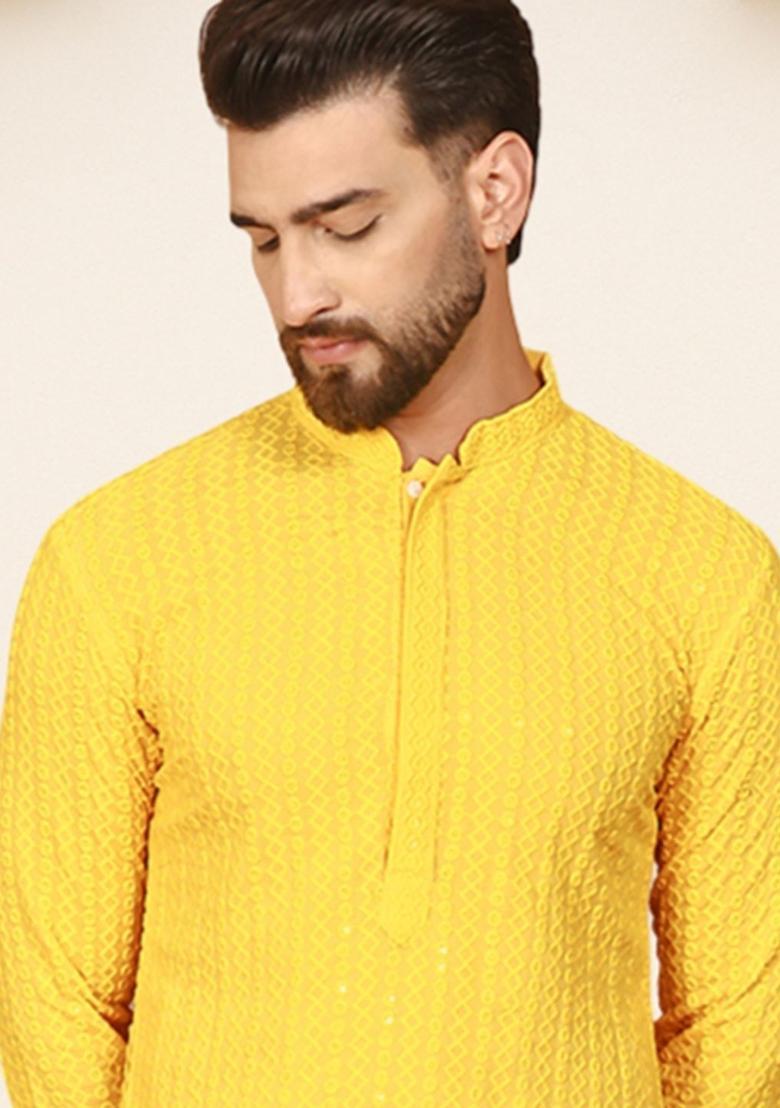 Yellow Embroidered Viscose Kurta For Men - Indya