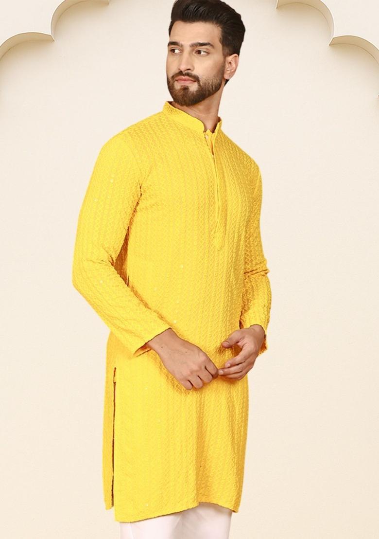 Yellow Embroidered Viscose Kurta For Men - Indya