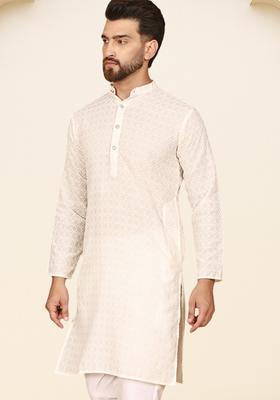 Beige Embroidered Cotton Kurta For Men
