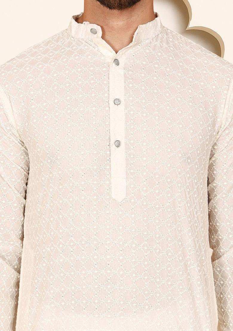 Beige Embroidered Cotton Kurta For Men - Indya