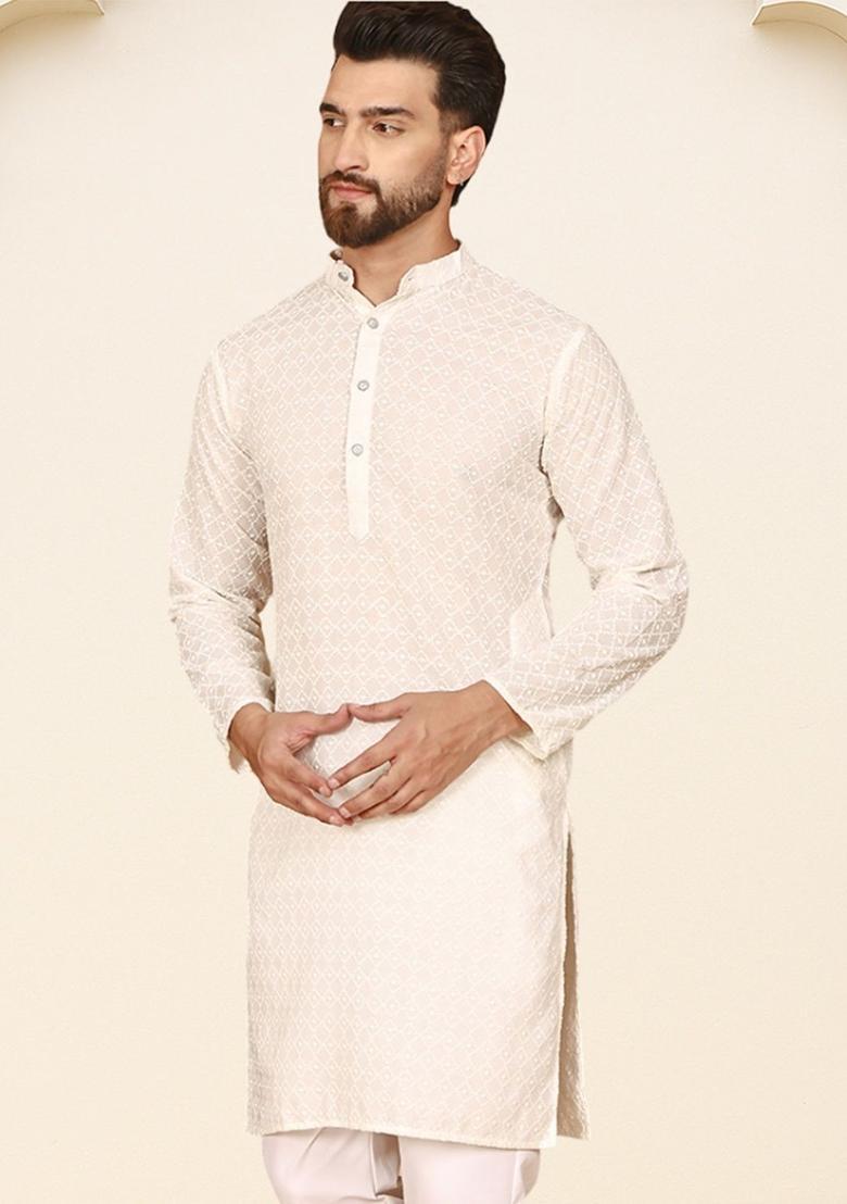 Beige Embroidered Cotton Kurta For Men - Indya