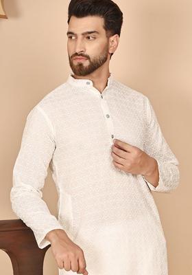 Beige Embroidered Cotton Kurta For Men