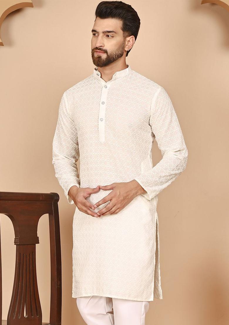Beige Embroidered Cotton Kurta For Men - Indya