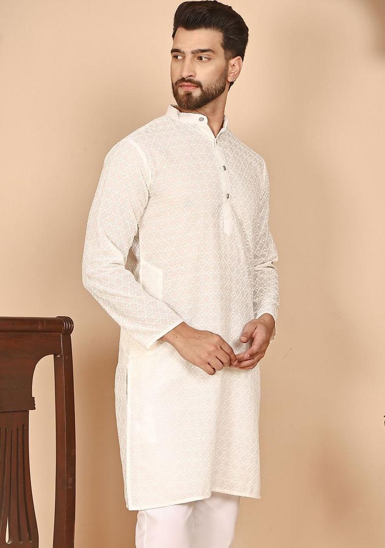 Beige Embroidered Cotton Kurta For Men - Indya