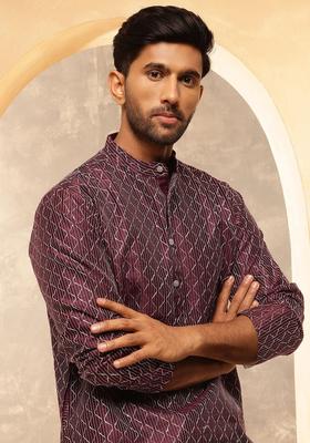 Purple Embroidered Silk Kurta For Men