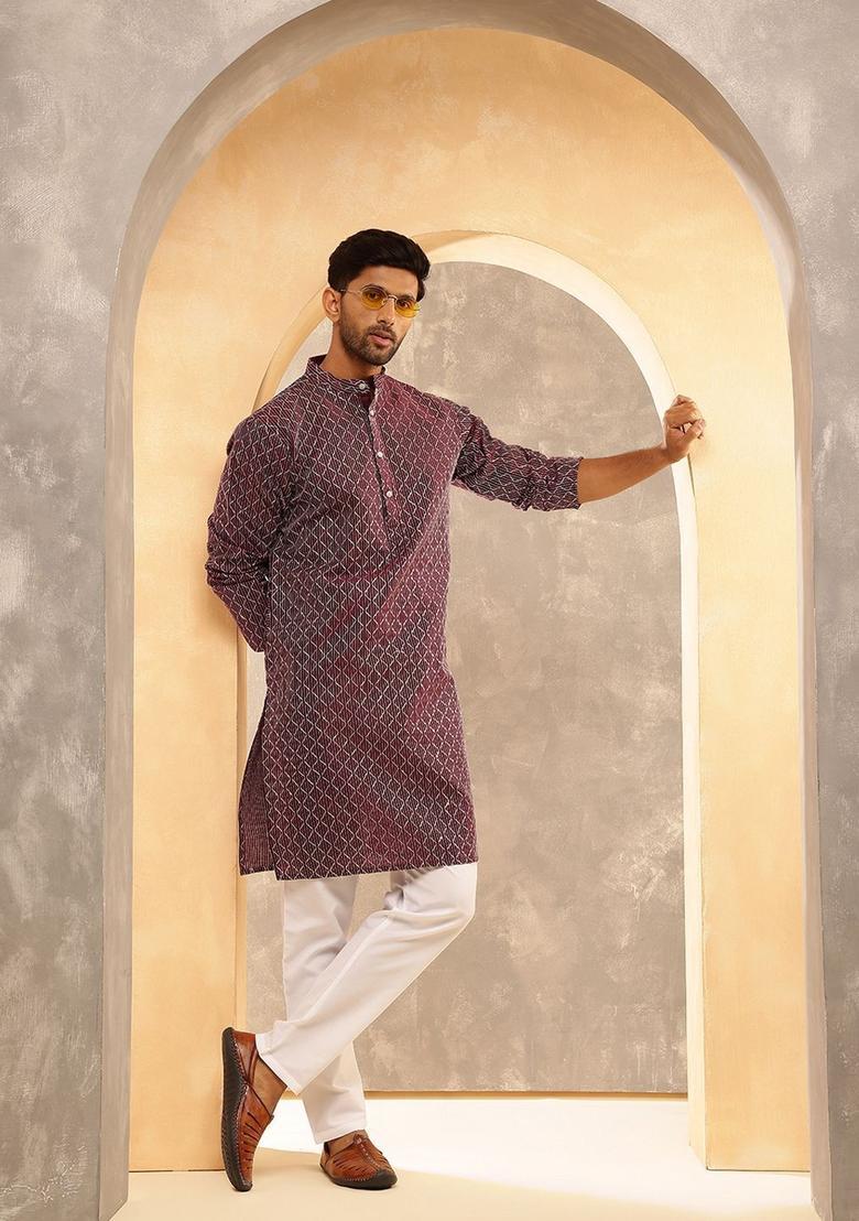 Purple Embroidered Silk Kurta For Men - Indya