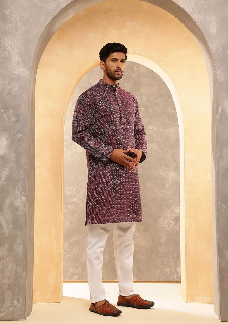 Purple Embroidered Silk Kurta For Men - Indya