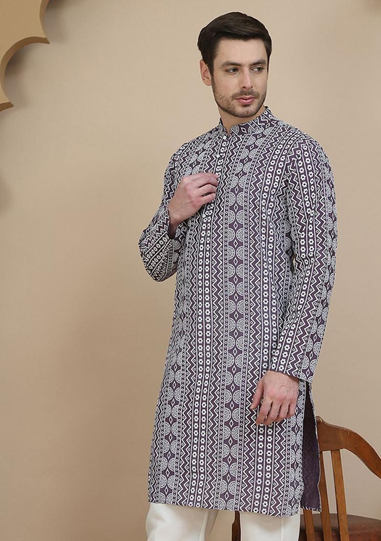 Purple Printed Silk Kurta For Men - Indya