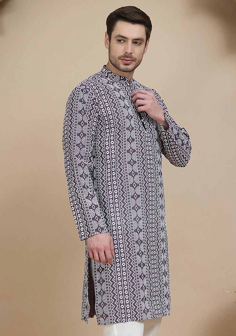 Purple Printed Silk Kurta For Men - Indya