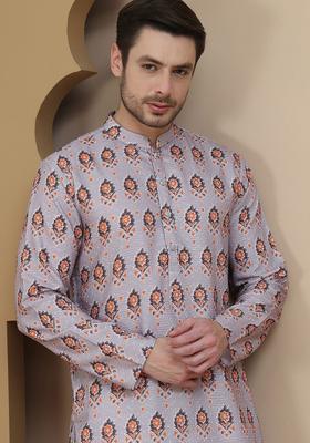 Purple Printed Silk Kurta For Men