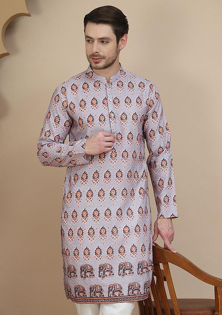 Purple Printed Silk Kurta For Men - Indya