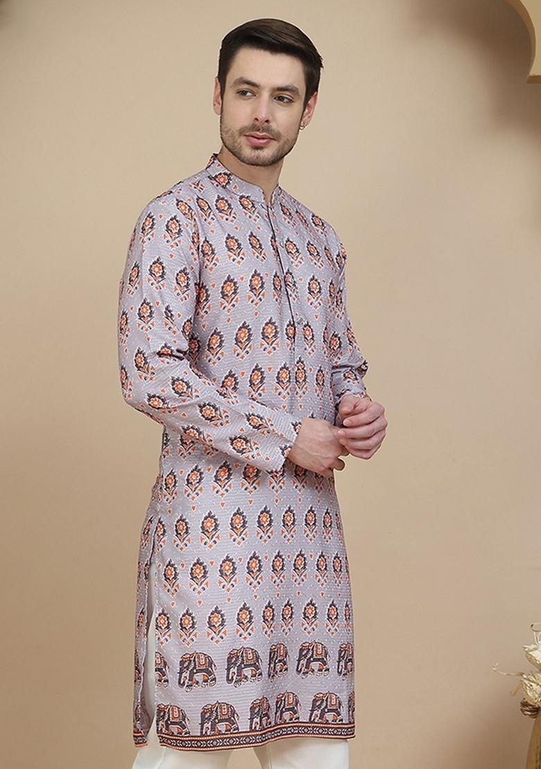 Purple Printed Silk Kurta For Men - Indya