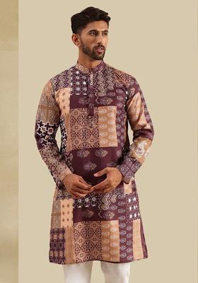 Purple Printed Cotton Kurta For Men
