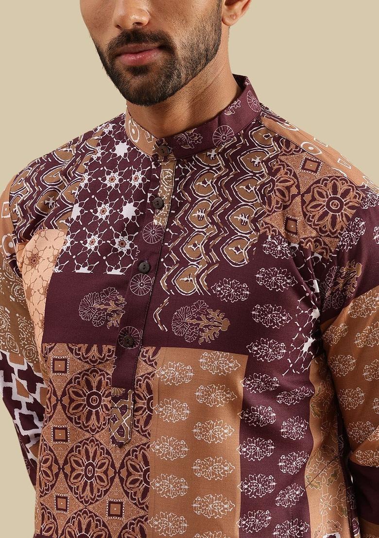Purple Printed Cotton Kurta For Men - Indya