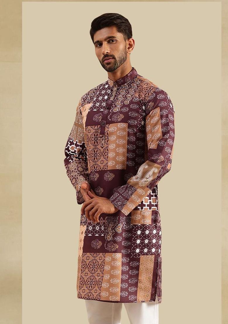 Purple Printed Cotton Kurta For Men - Indya