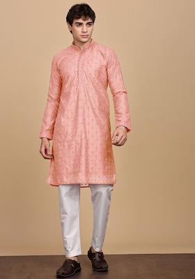 Peach Embroidered Cotton Kurta For Men
