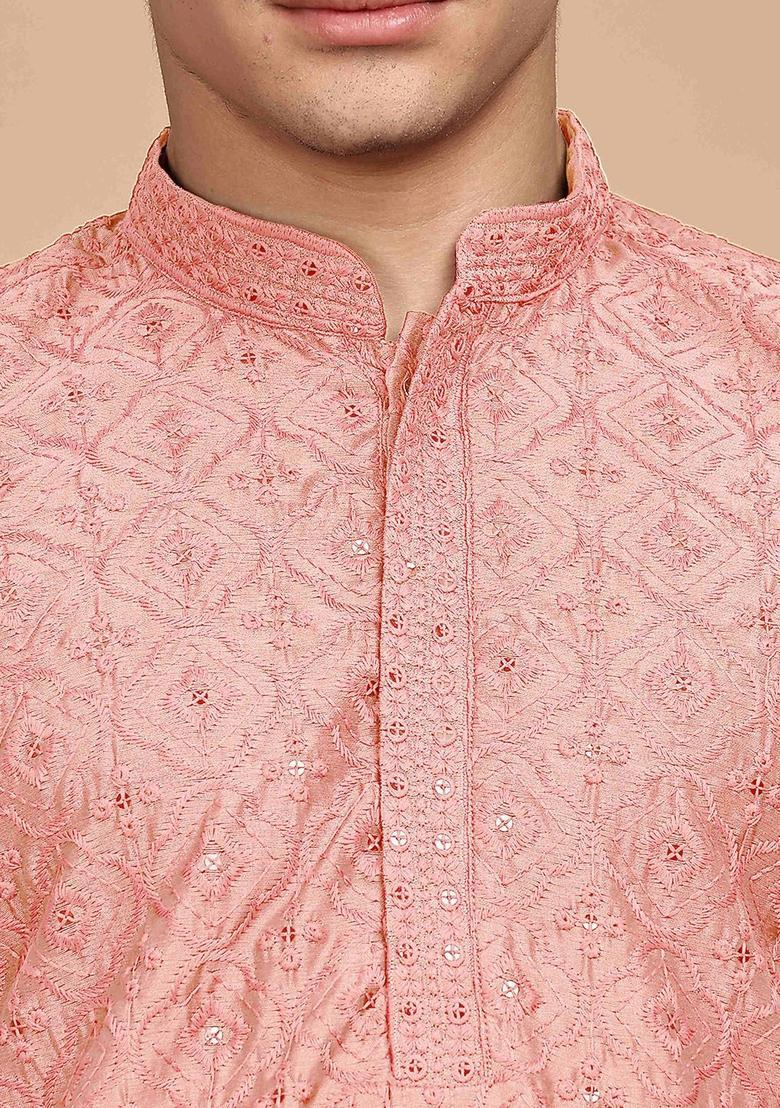 Peach Embroidered Cotton Kurta For Men - Indya