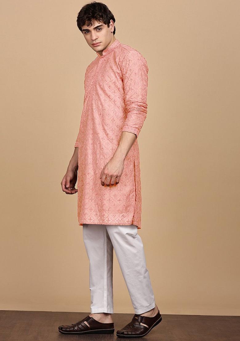 Peach Embroidered Cotton Kurta For Men - Indya