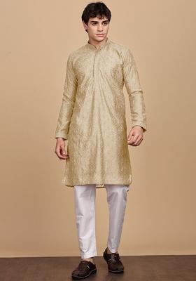 Beige Embroidered Cotton Kurta For Men