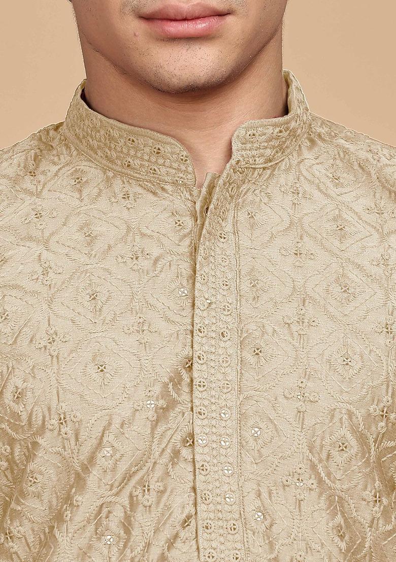 Beige Embroidered Cotton Kurta For Men - Indya