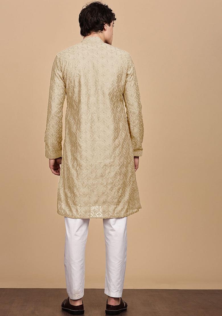 Beige Embroidered Cotton Kurta For Men - Indya