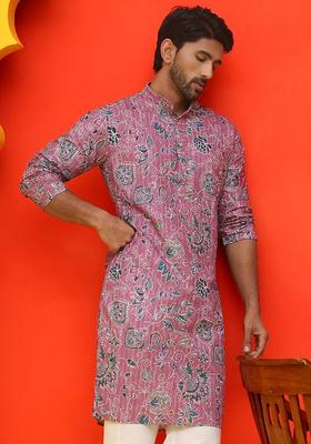Purple Printed Cotton Kurta For Men