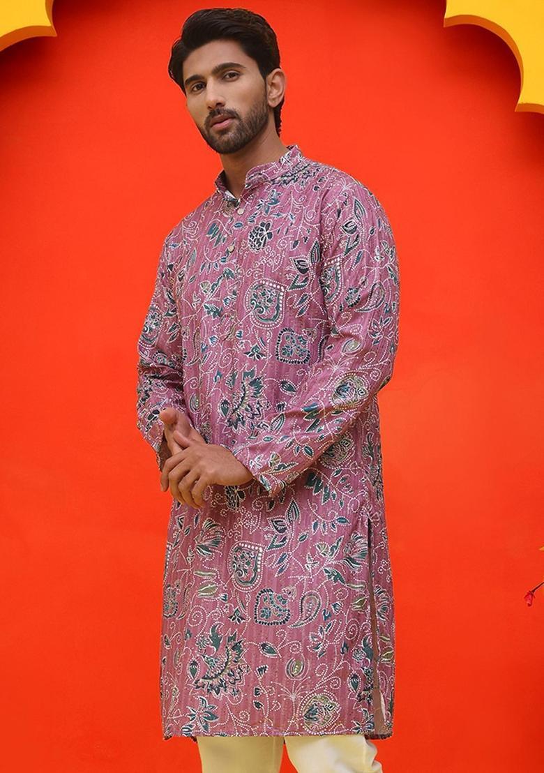 Purple Printed Cotton Kurta For Men - Indya