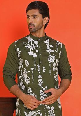Olive Embroidered Silk Kurta For Men