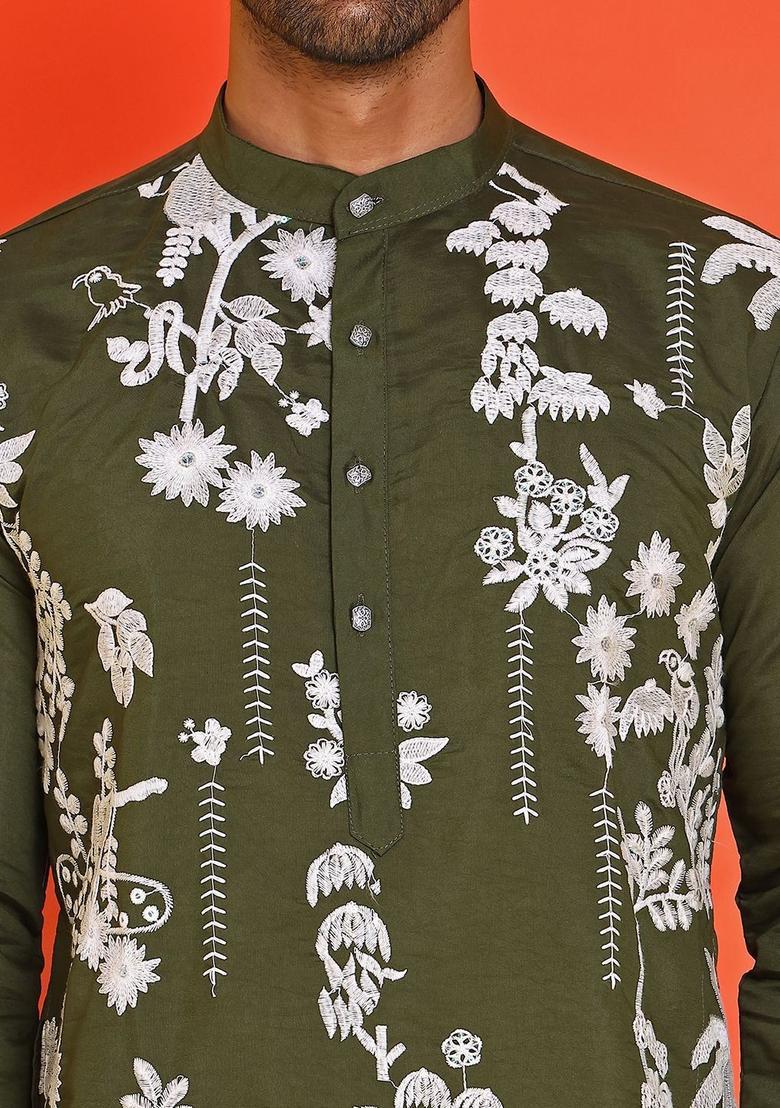 Olive Embroidered Silk Kurta For Men - Indya