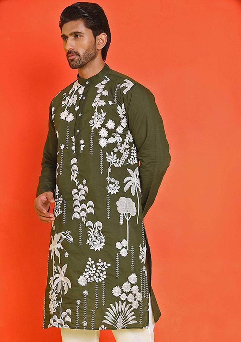 Olive Embroidered Silk Kurta For Men - Indya