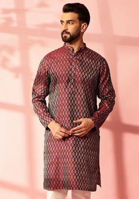 Maroon Woven Design Silk Kurta For Men