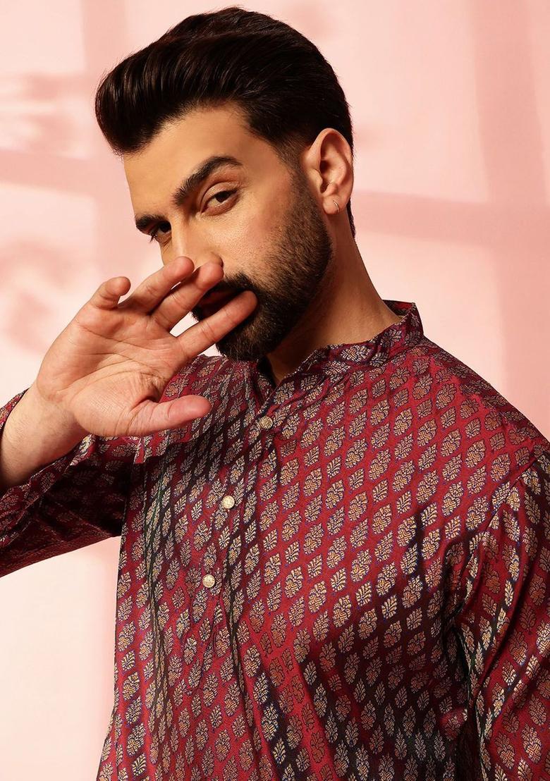 Maroon Woven Design Silk Kurta For Men - Indya