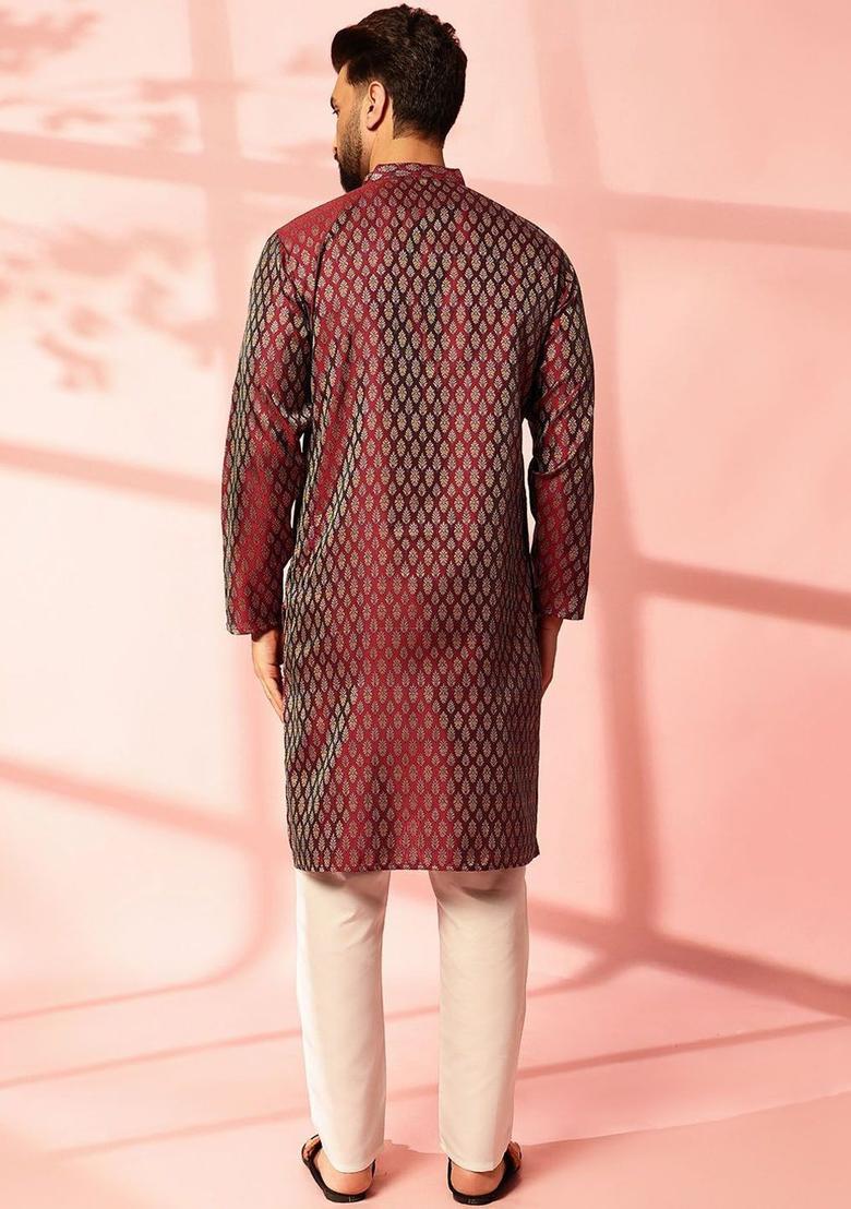 Maroon Woven Design Silk Kurta For Men - Indya