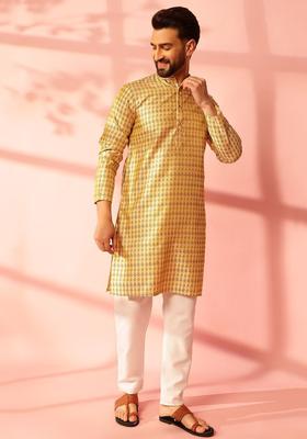 Beige Woven Design Silk Blend Kurta For Men