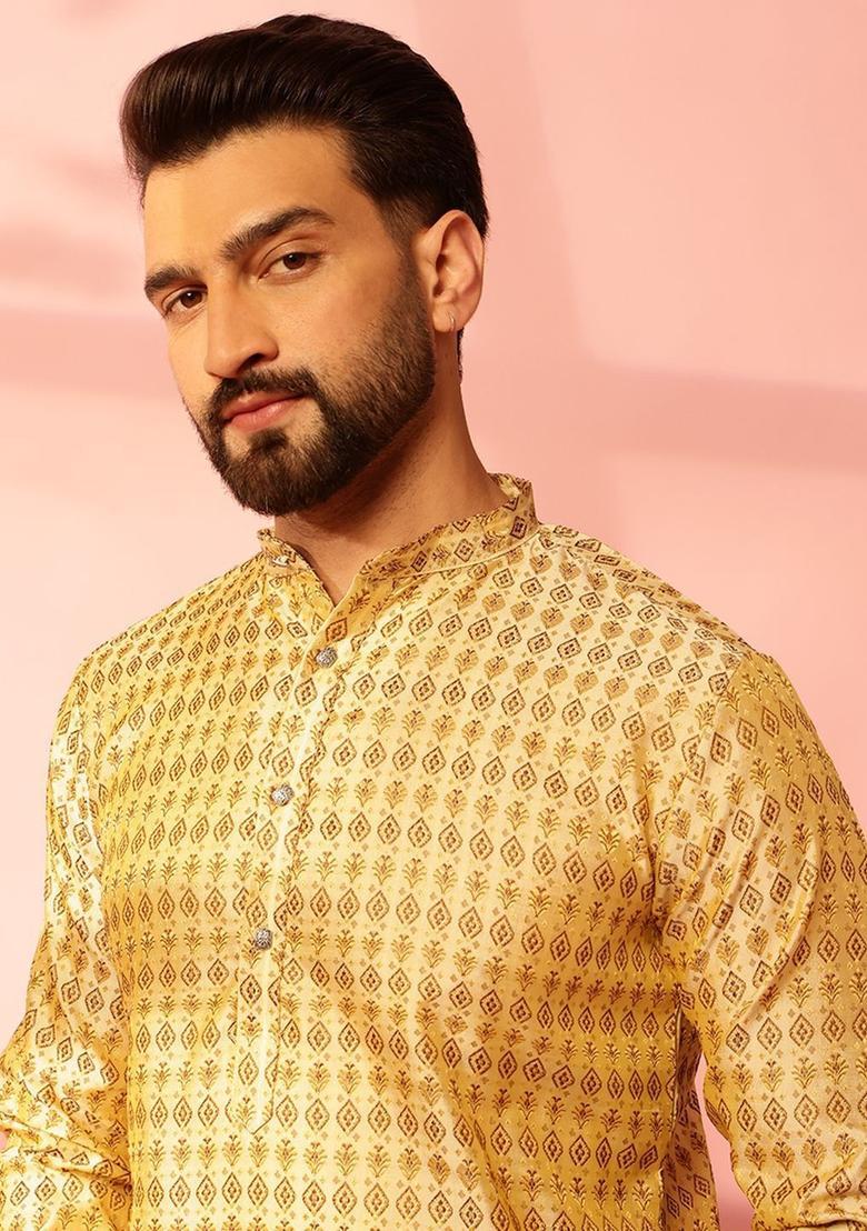 Beige Woven Design Silk Kurta For Men - Indya