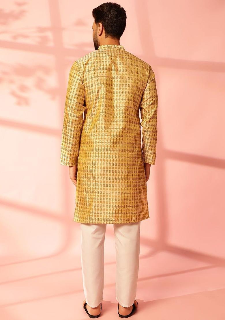 Beige Woven Design Silk Kurta For Men - Indya
