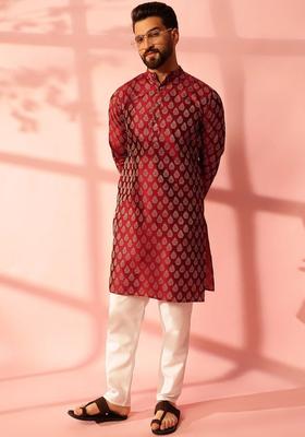 Maroon Woven Design Silk Kurta For Men