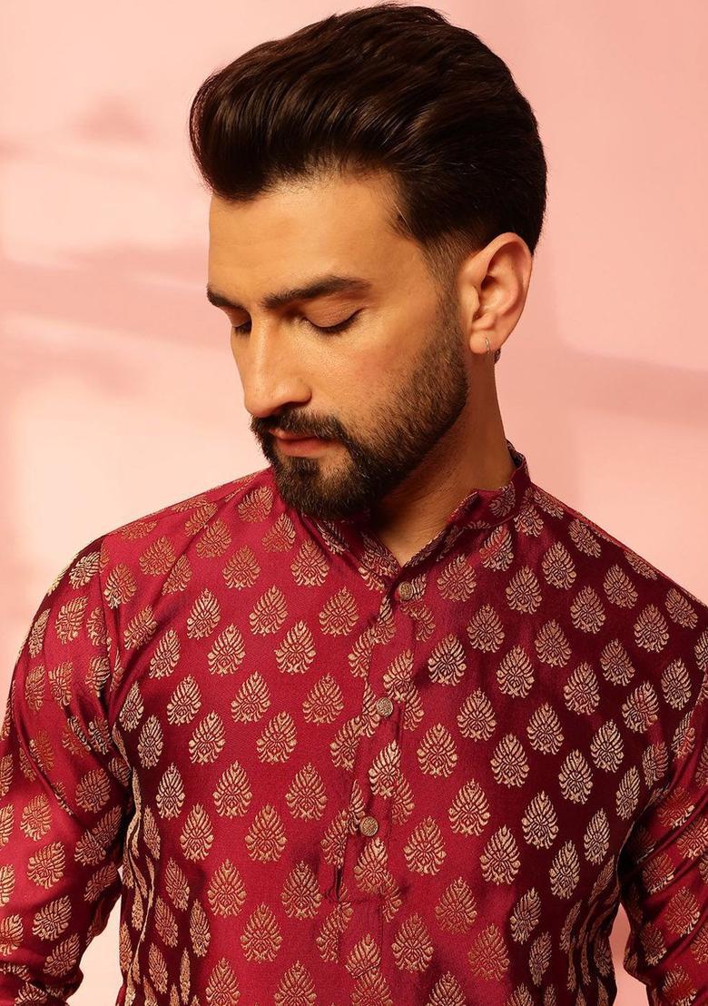 Maroon Woven Design Silk Kurta For Men - Indya
