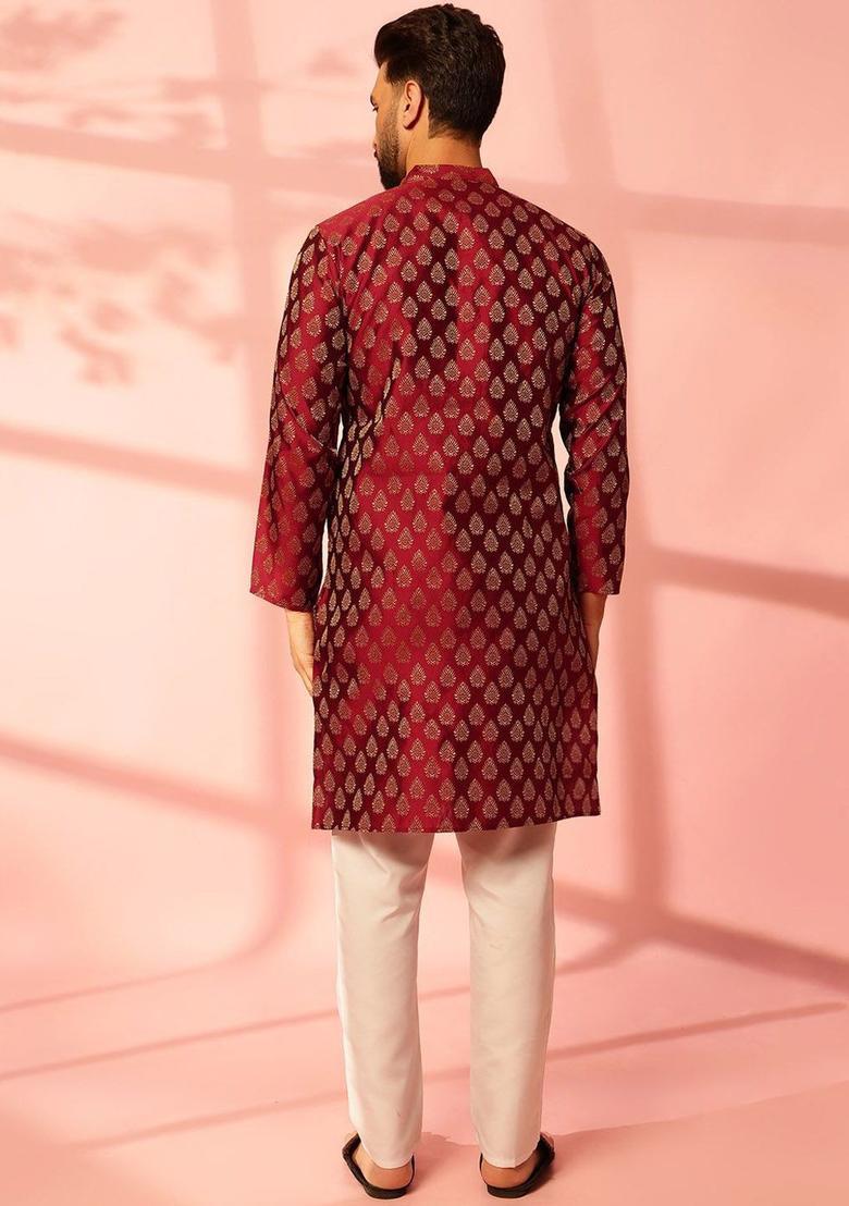 Maroon Woven Design Silk Kurta For Men - Indya