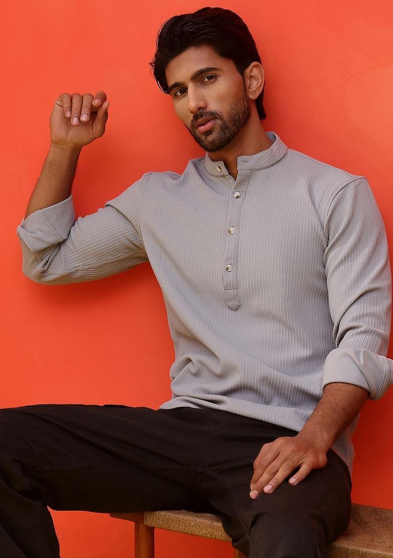 Grey Striped Cotton Kurta For Men - Indya