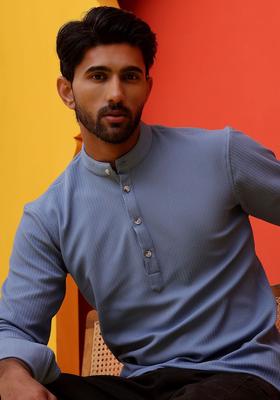 Blue Striped Cotton Kurta For Men