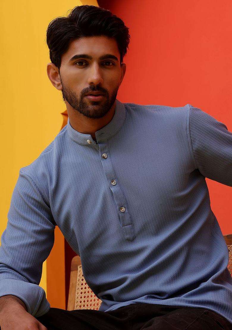 Blue Striped Cotton Kurta For Men - Indya