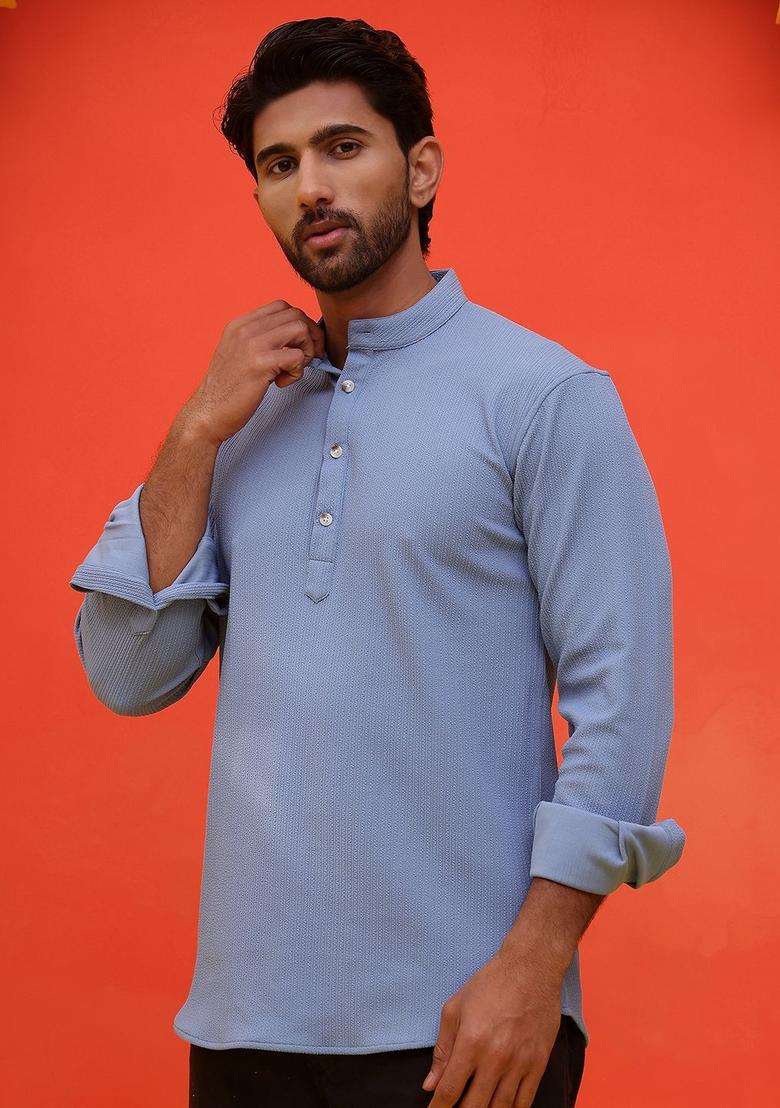 Blue Striped Cotton Kurta For Men - Indya