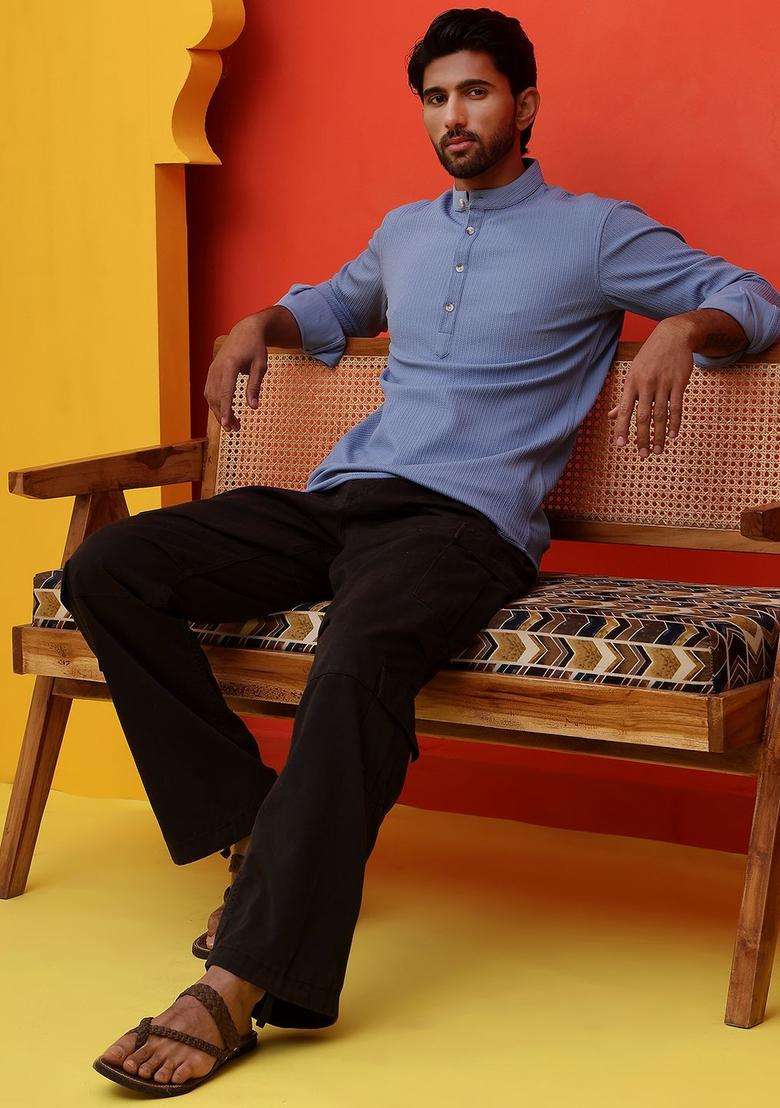 Blue Striped Cotton Kurta For Men - Indya