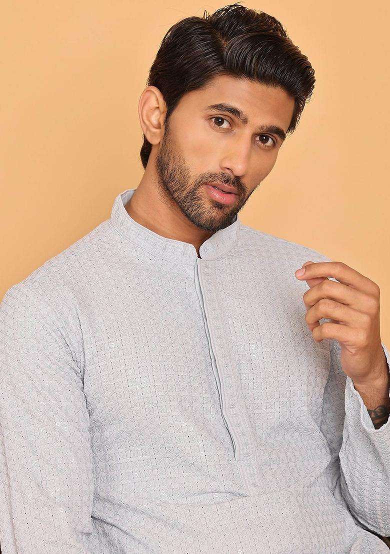 Grey Embroidered Viscose Kurta For Men - Indya