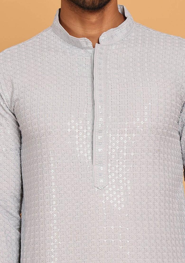 Grey Embroidered Viscose Kurta For Men - Indya
